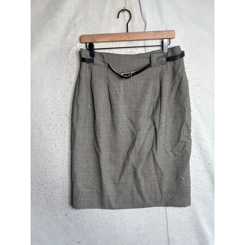 Gianni Sport Vintage 100% Wool Houndstooth Pencil Skirt Black White Belted USA
